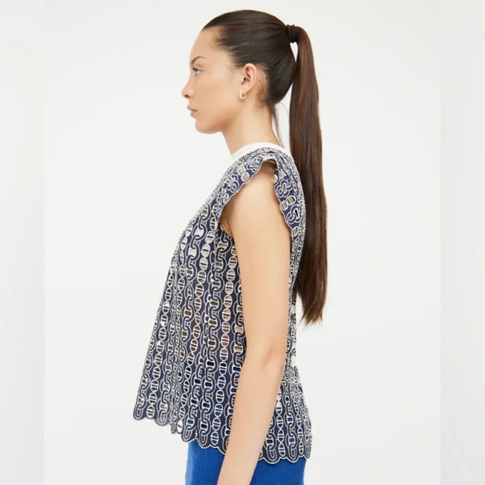 Sandro Navy and White Lace-Pattern Sleeveless Top - Picture 12 of 12